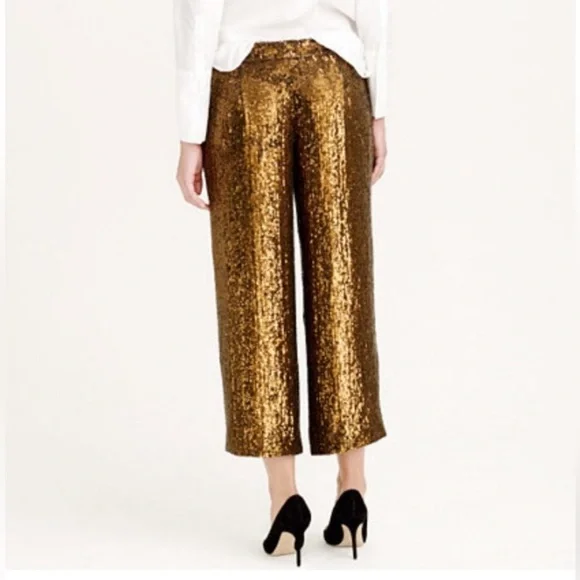 J.Crew Gold Sequin Crop Pants Women Sparkle Party Holiday Evening Ankle Trouser - Picture 2 of 8